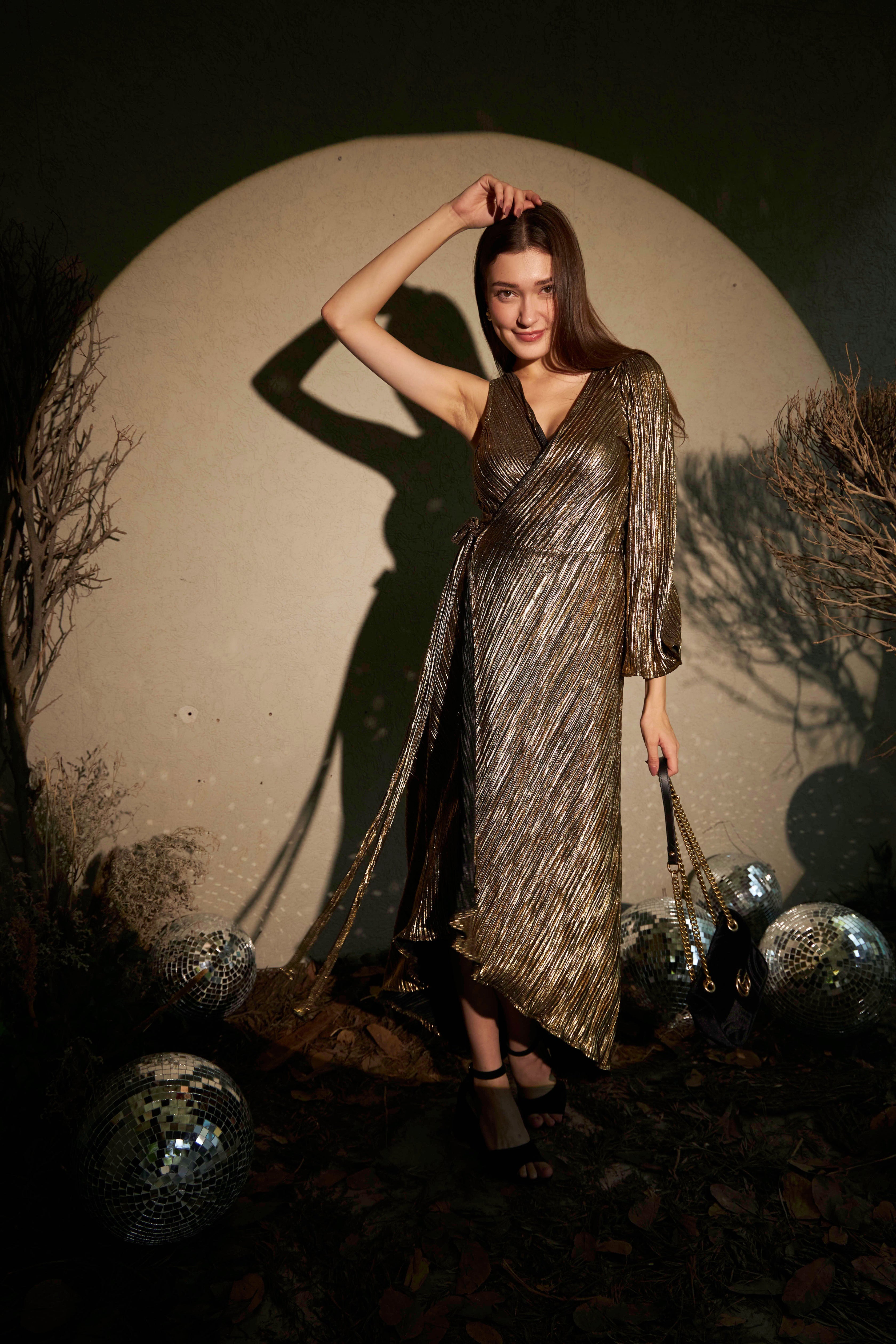 Swish Metallic Wrap Around Dress - Gold