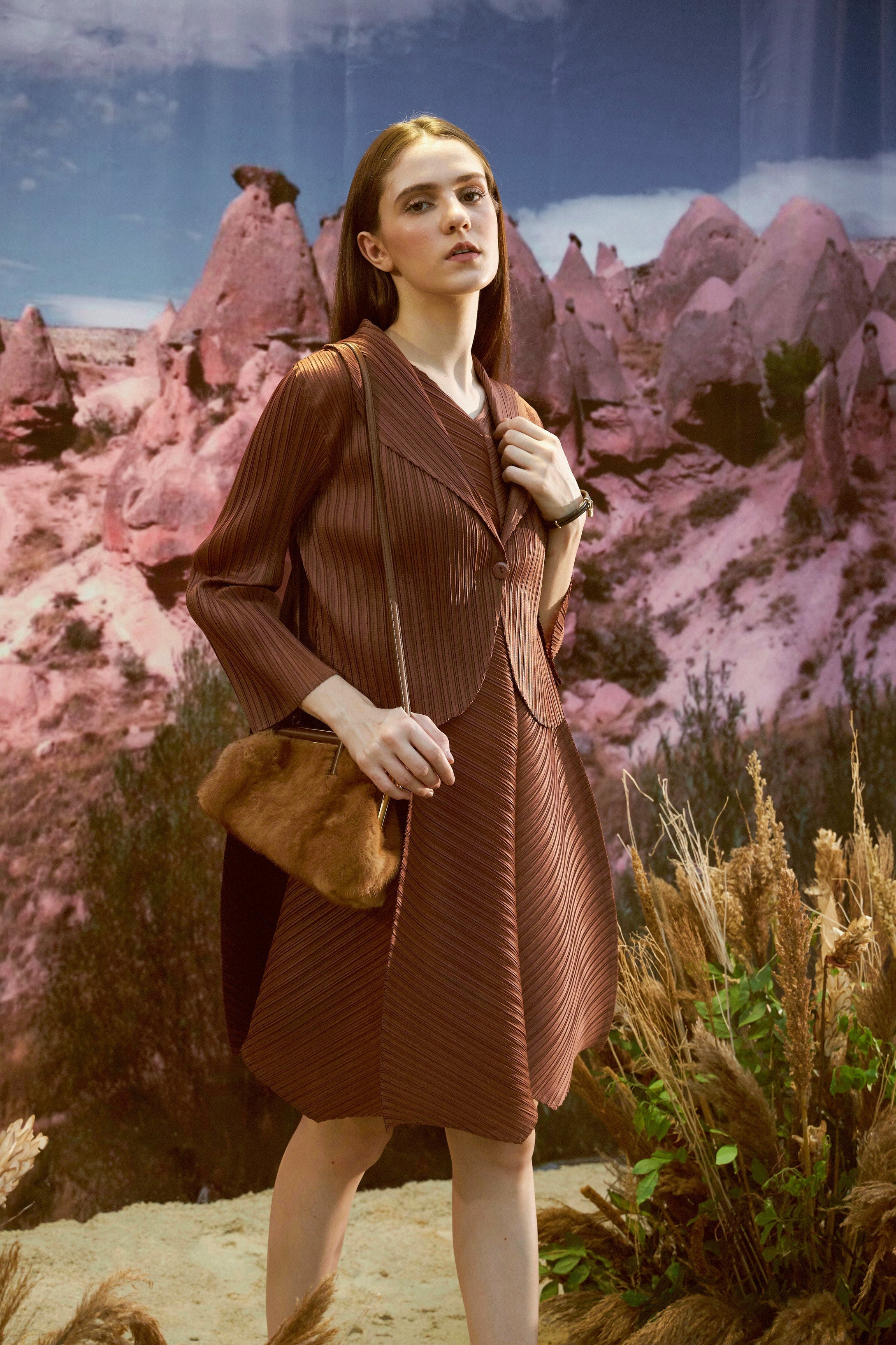 Zouave Pleated Smoked Dress with Bolero Jacket - Fawn