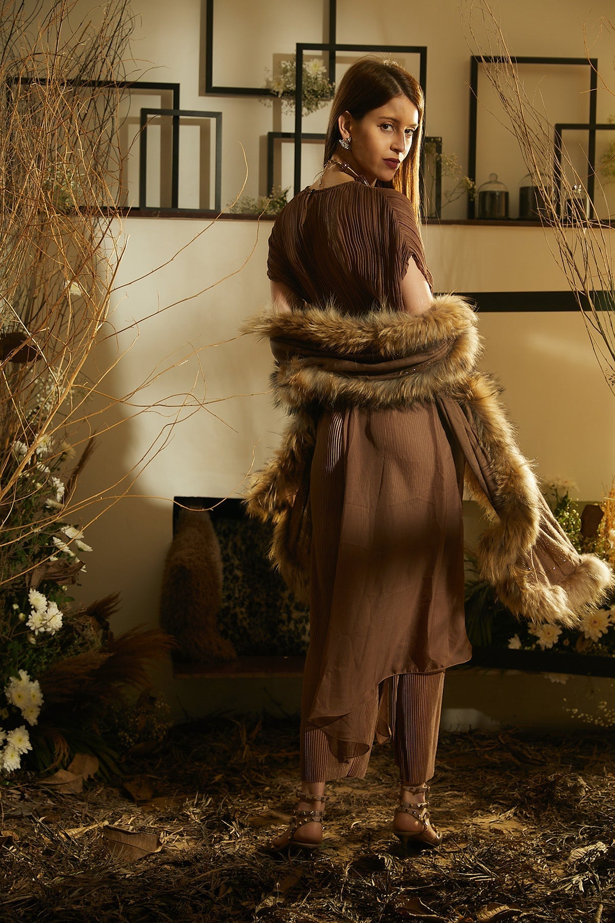 Pliśse Burlywood Beige Co-ord Set with Ruched Top