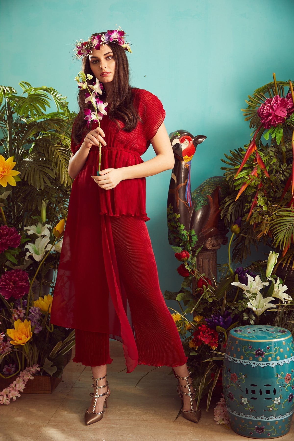 Pliśse Co-ord Set with Ruched Top - Red Desire