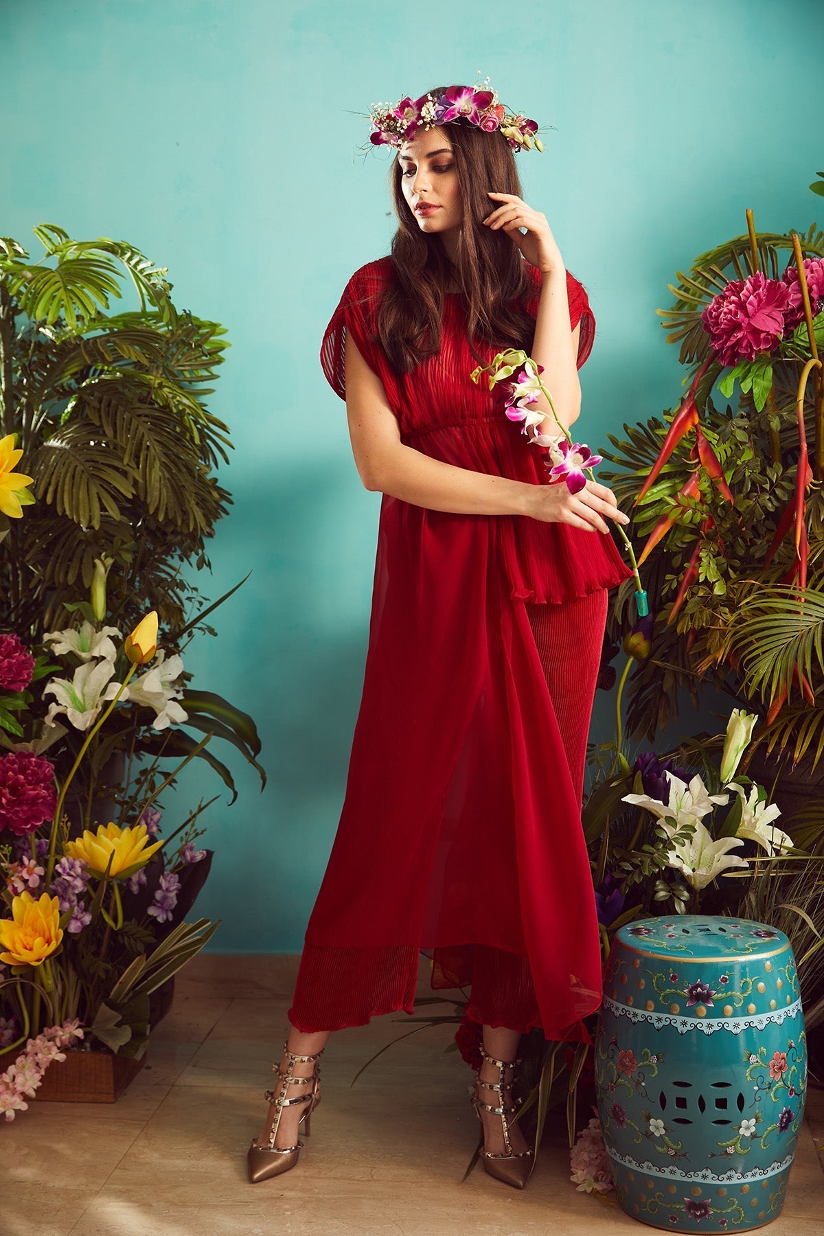 Pliśse Co-ord Set with Ruched Top - Red Desire