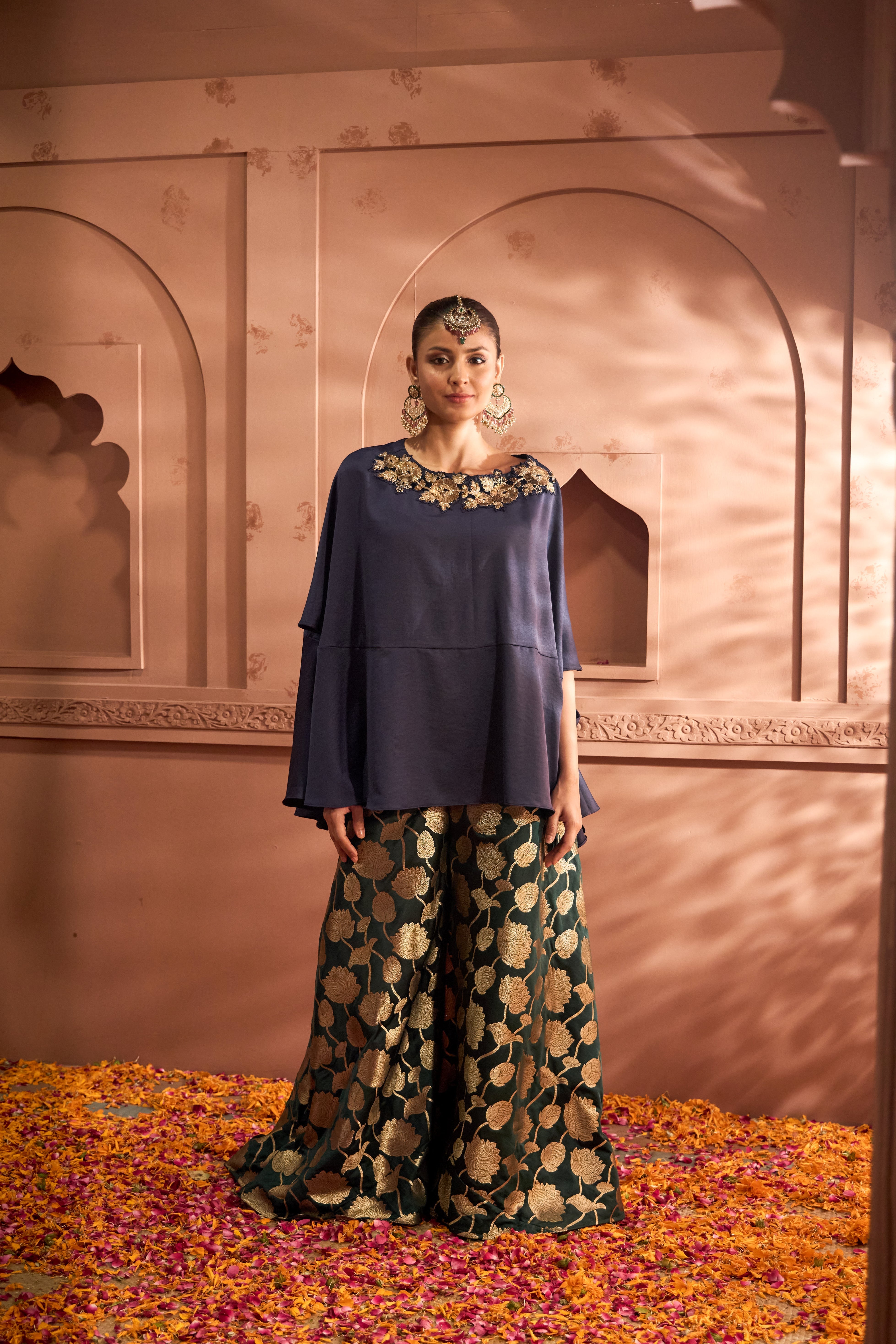 Kiri Embroidered Kaftan With Banarasi Lotus Flared Pant - Blue