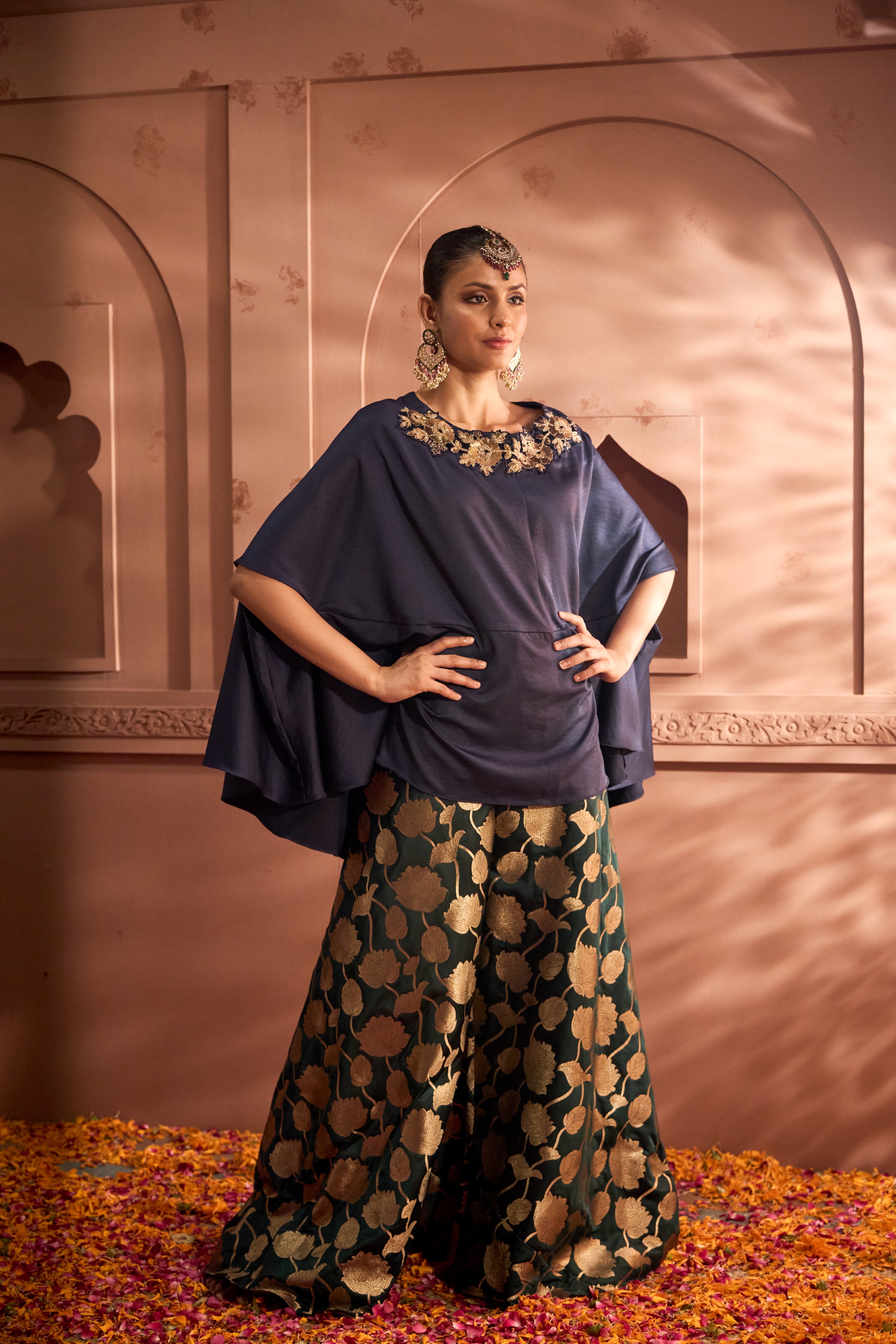 Kiri Embroidered Kaftan With Banarasi Lotus Flared Pant - Blue