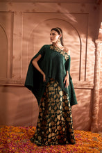 Load image into Gallery viewer, Divine Embroidered Cape Set With Banarasi Lotus Ghaghra - Green