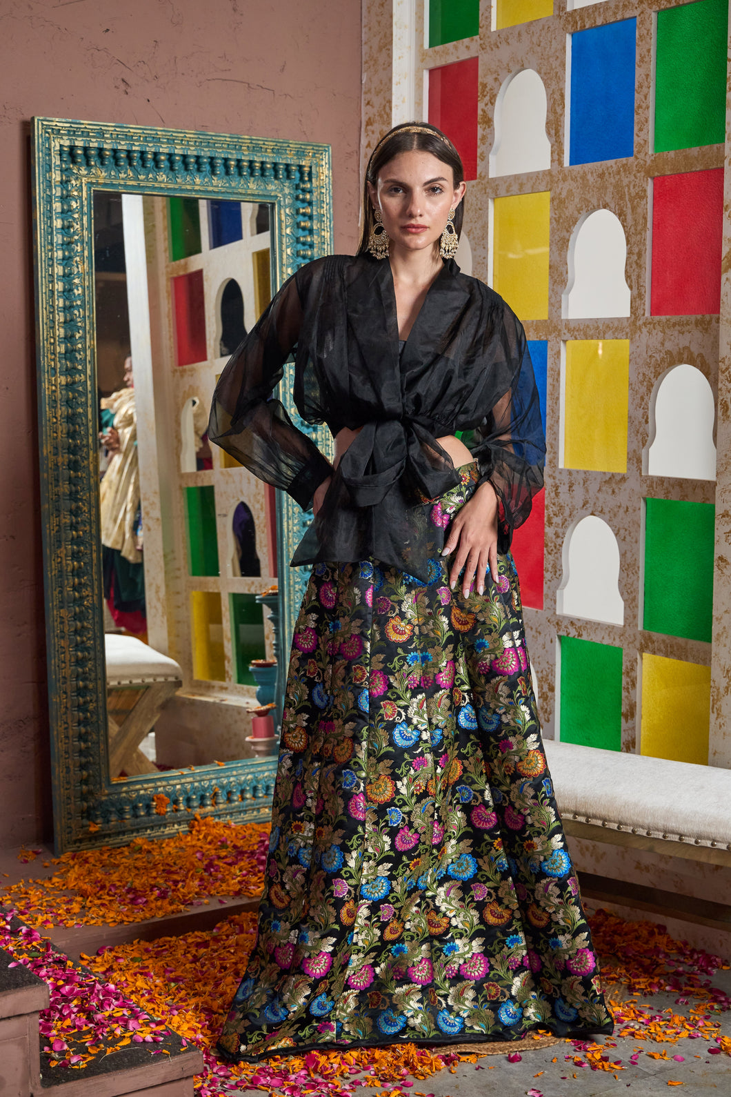 Banarasi Begum Ghaghra With Tie Top - Black