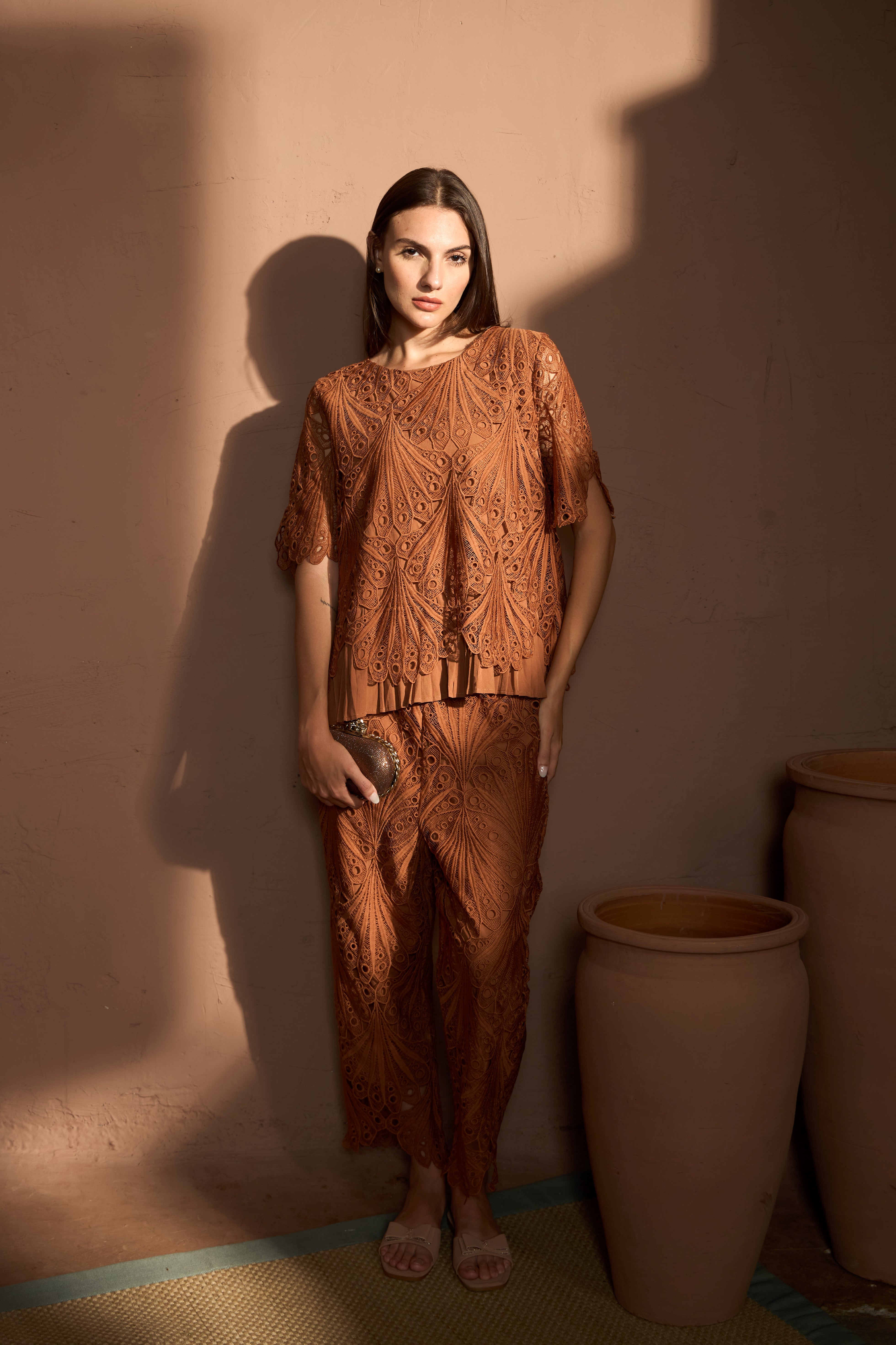 Myra Mesh Cross Back Co-ord Set - Coffee