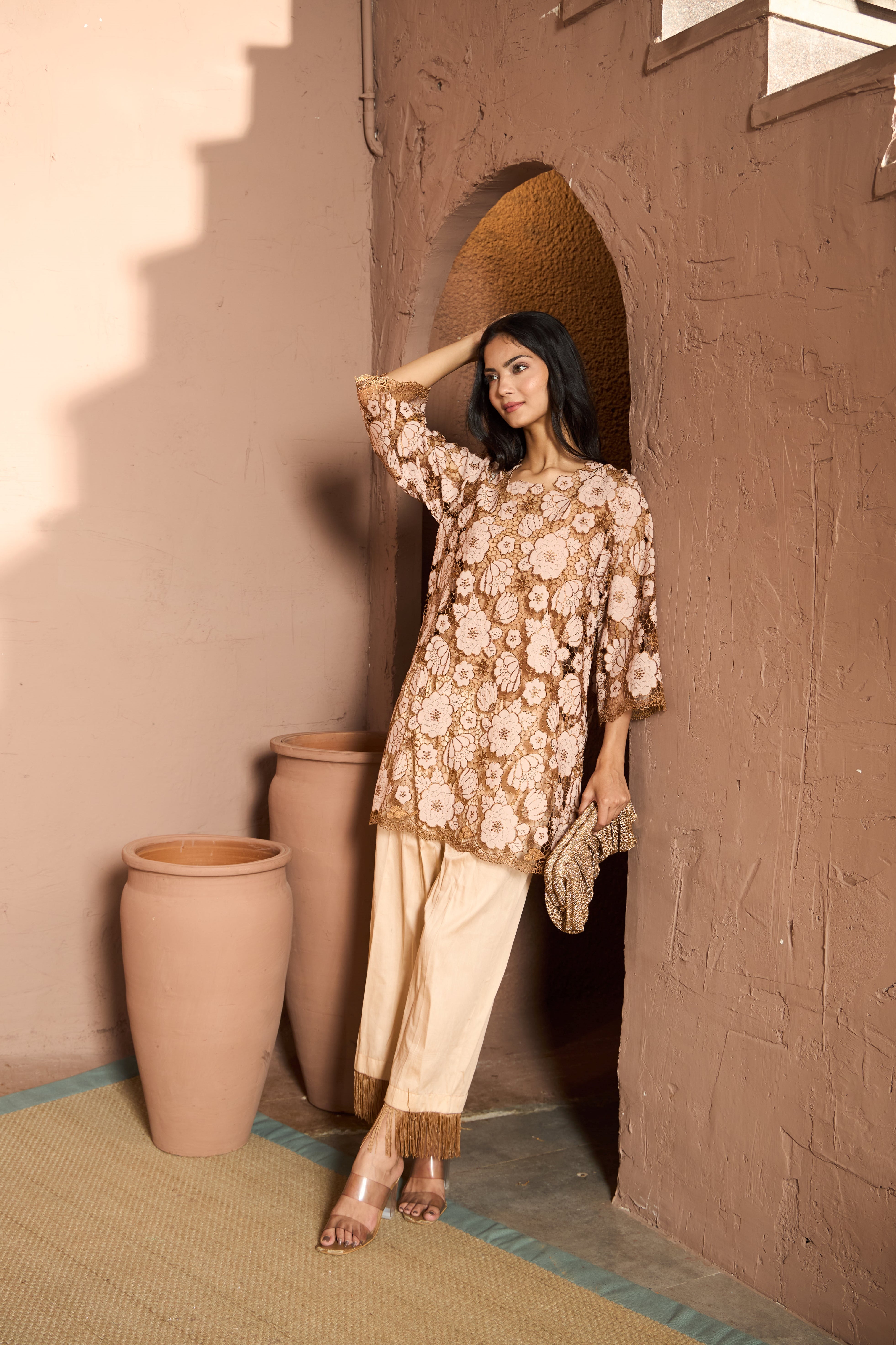 Myra Mesh Daisy Co-ord Set - Beige and Brown