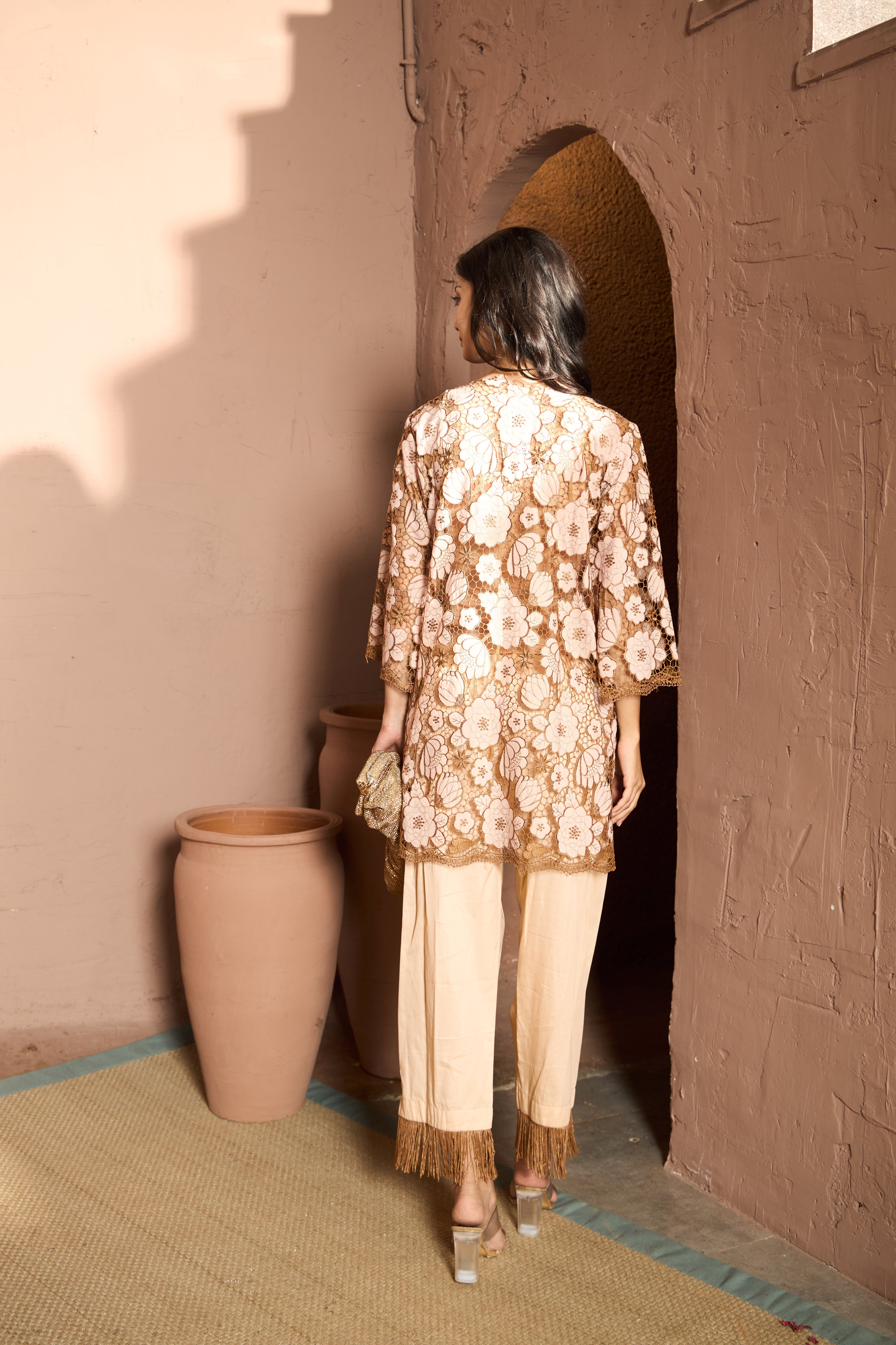 Myra Mesh Daisy Co-ord Set - Beige and Brown