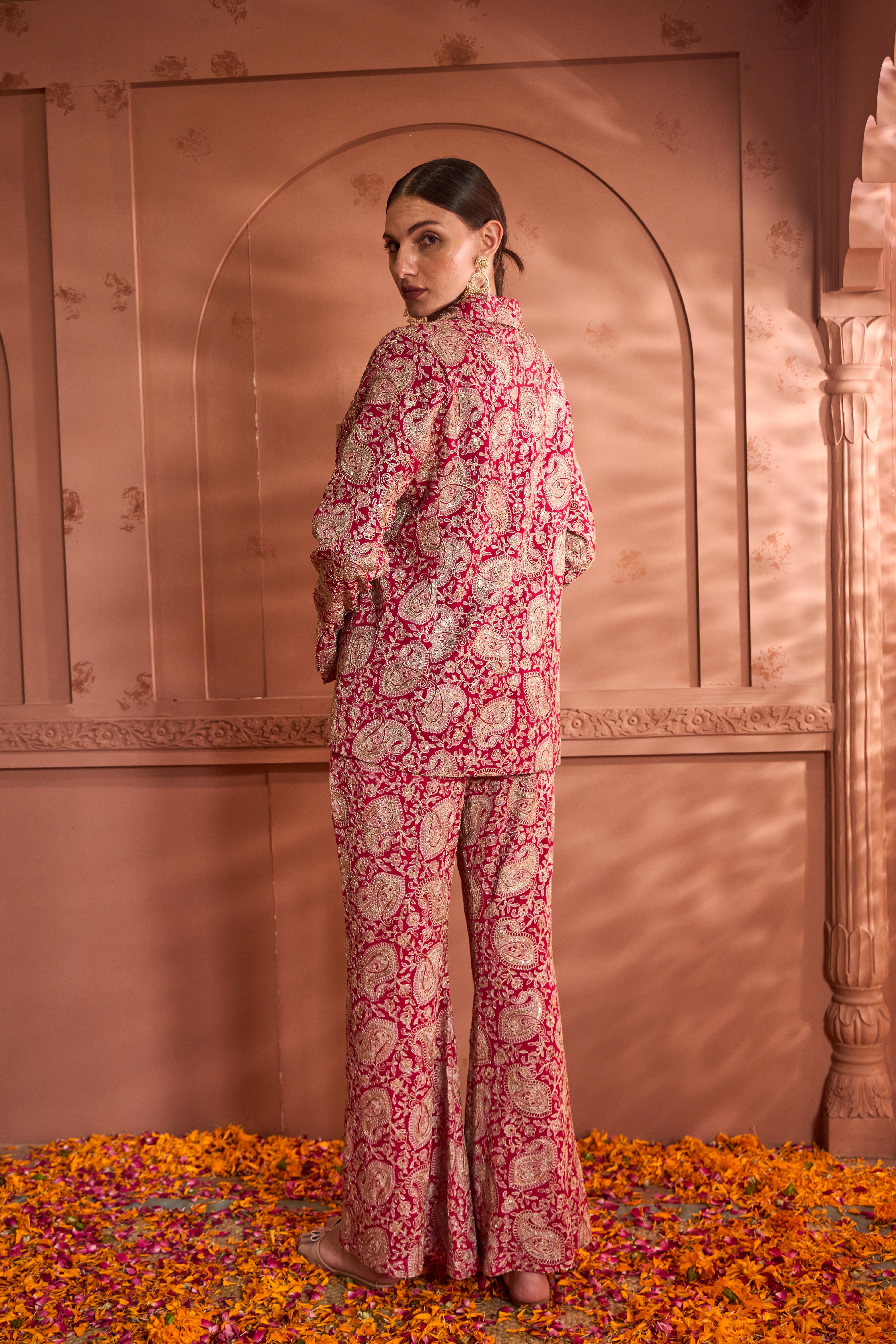 Elizey Paisley Embroidered Power Suit - Fuschia