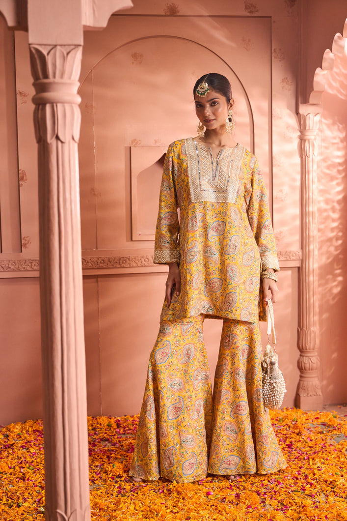 Elizey Paisley Embroidered Sharara Set - Yellow