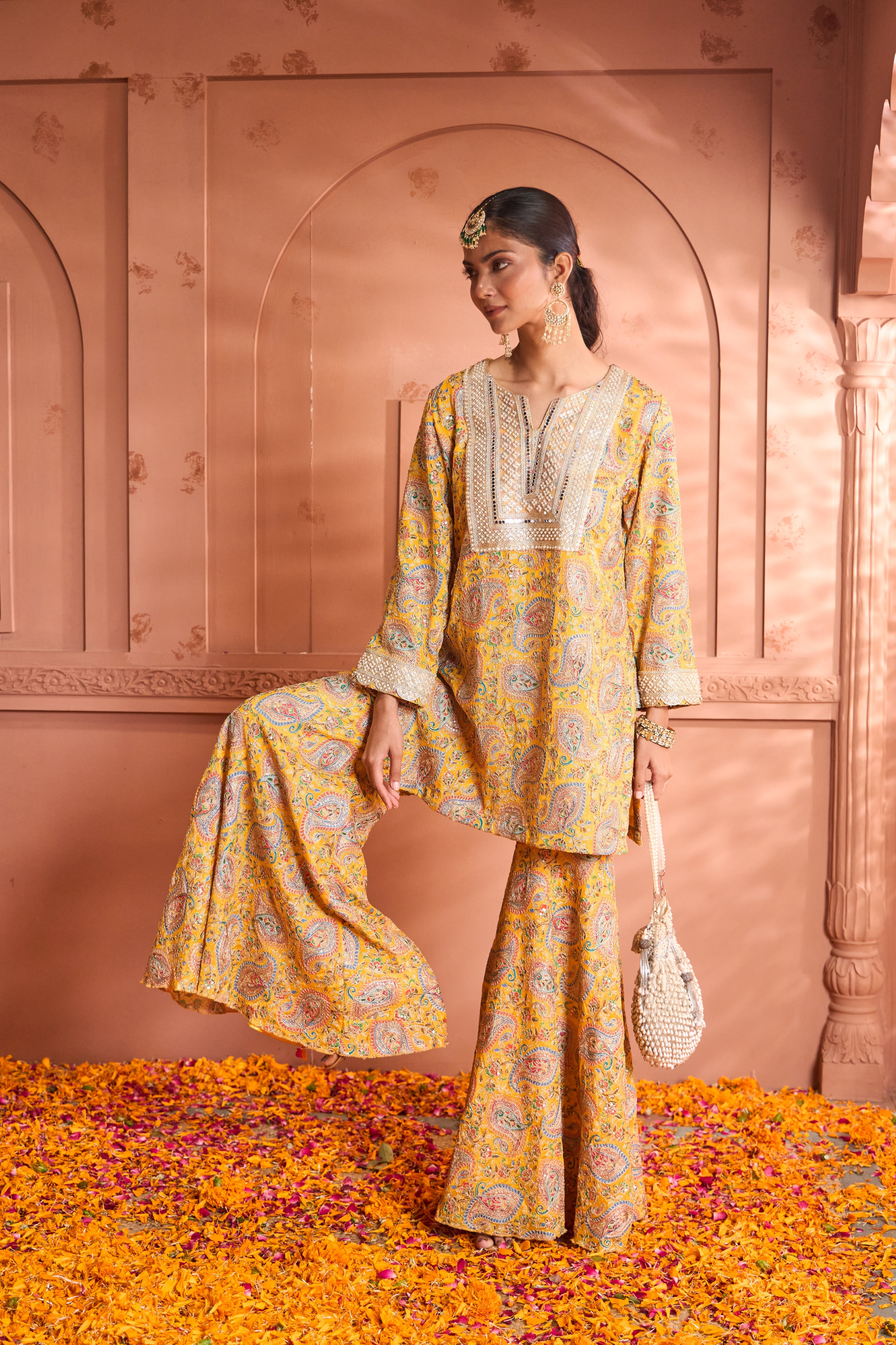 Elizey Paisley Embroidered Sharara Set - Yellow