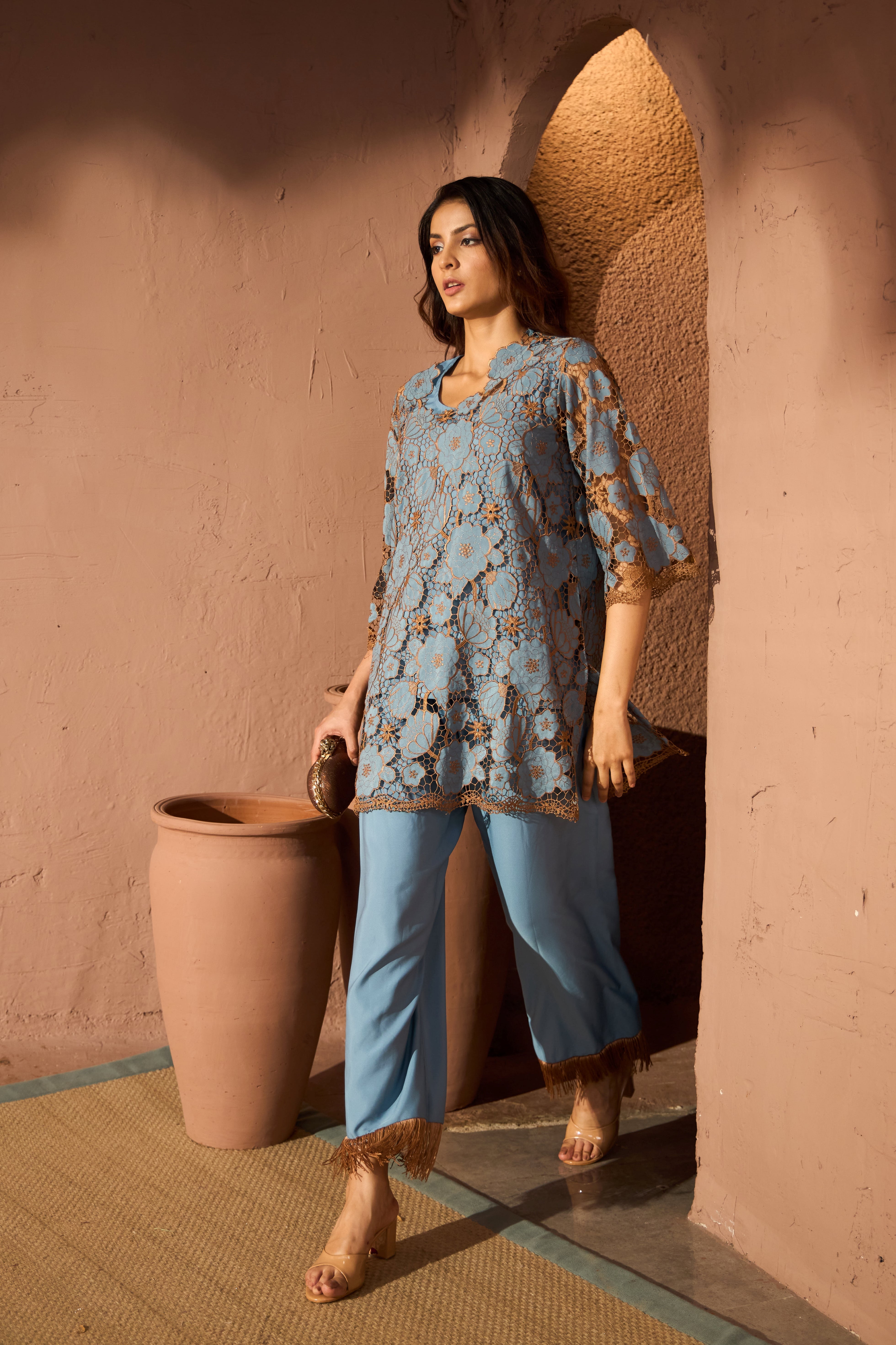 Myra Mesh Daisy Co-ord Set - Blue and Brown