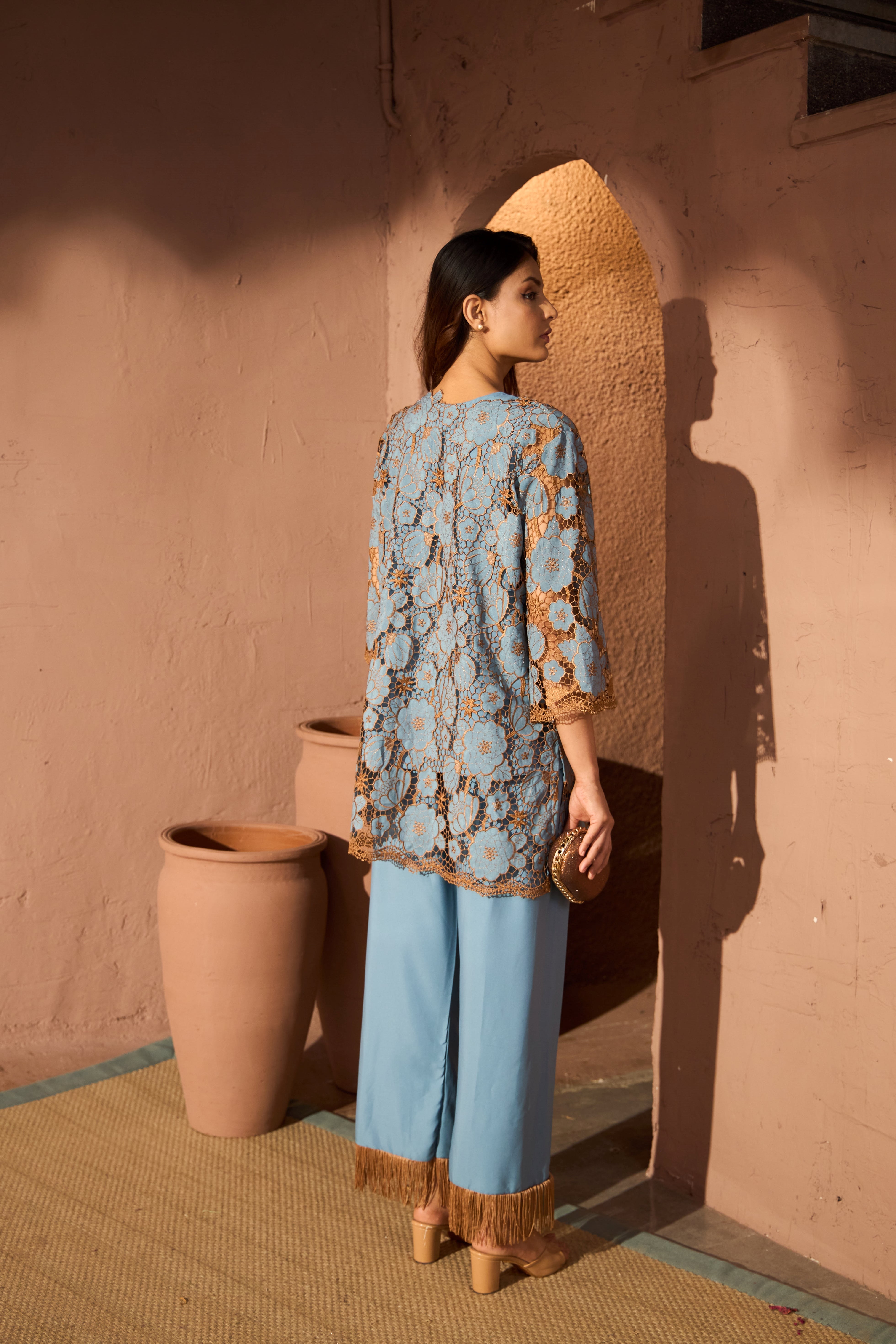 Myra Mesh Daisy Co-ord Set - Blue and Brown
