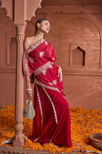 Load image into Gallery viewer, Reyna Gara Glazed Avyah Cape Co-ordinated with Flared Pant and Belt - Red