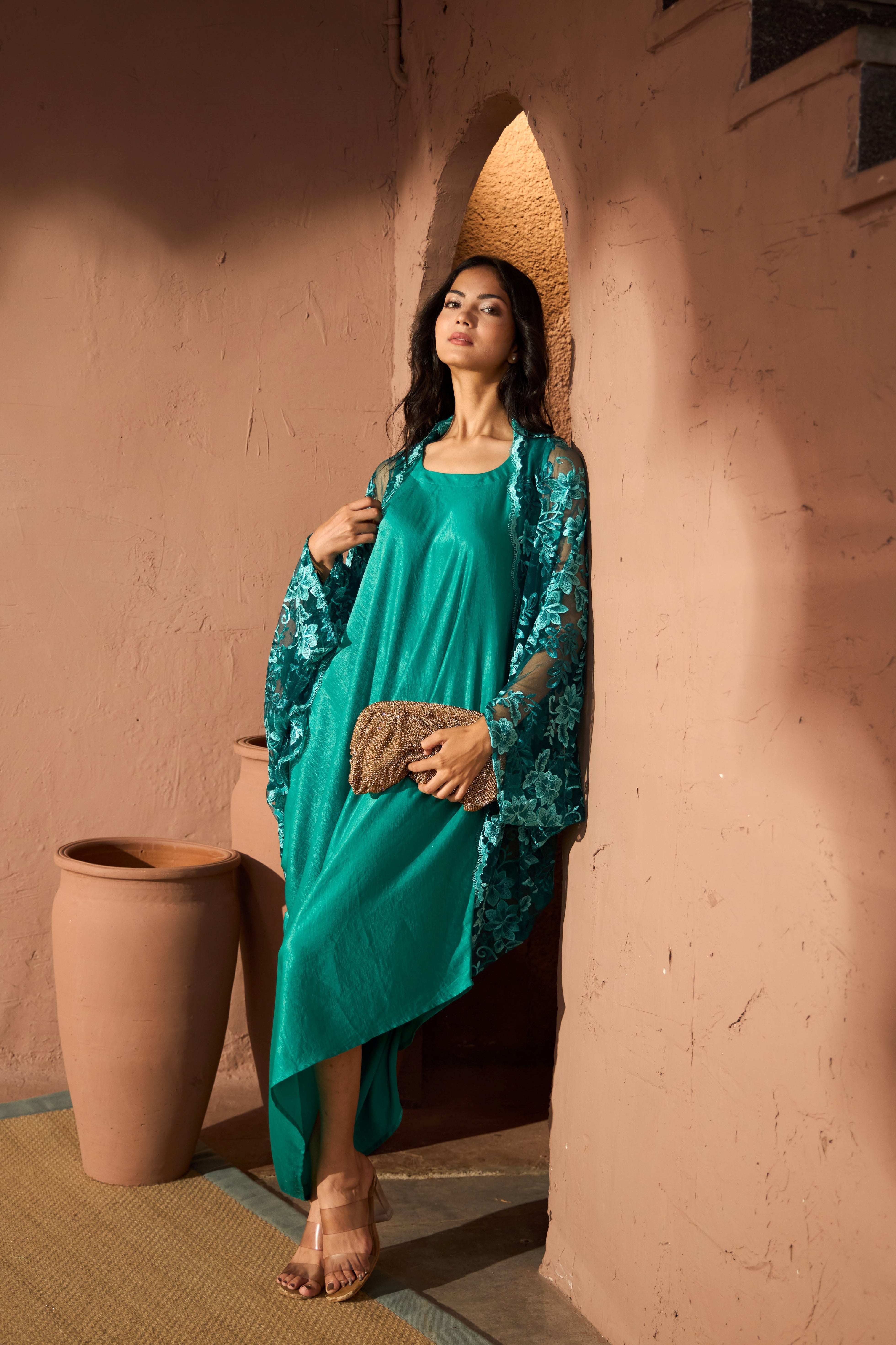 Slip Easy Dress with Chantilily Lace Cape - Teal