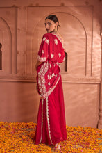 Load image into Gallery viewer, Reyna Gara Glazed Avyah Cape Co-ordinated with Flared Pant and Belt - Red