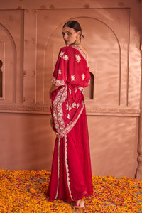 Reyna Gara Glazed Avyah Cape Co-ordinated with Flared Pant and Belt - Red