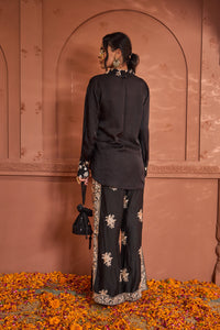 Reyna Gara Glazed Shirt With Slit Pants - Black