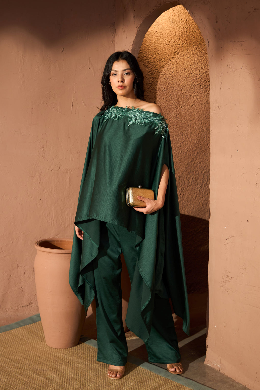 Divine Sequins Embroidered Cape Co-ordinated with Pants - Emerald Green