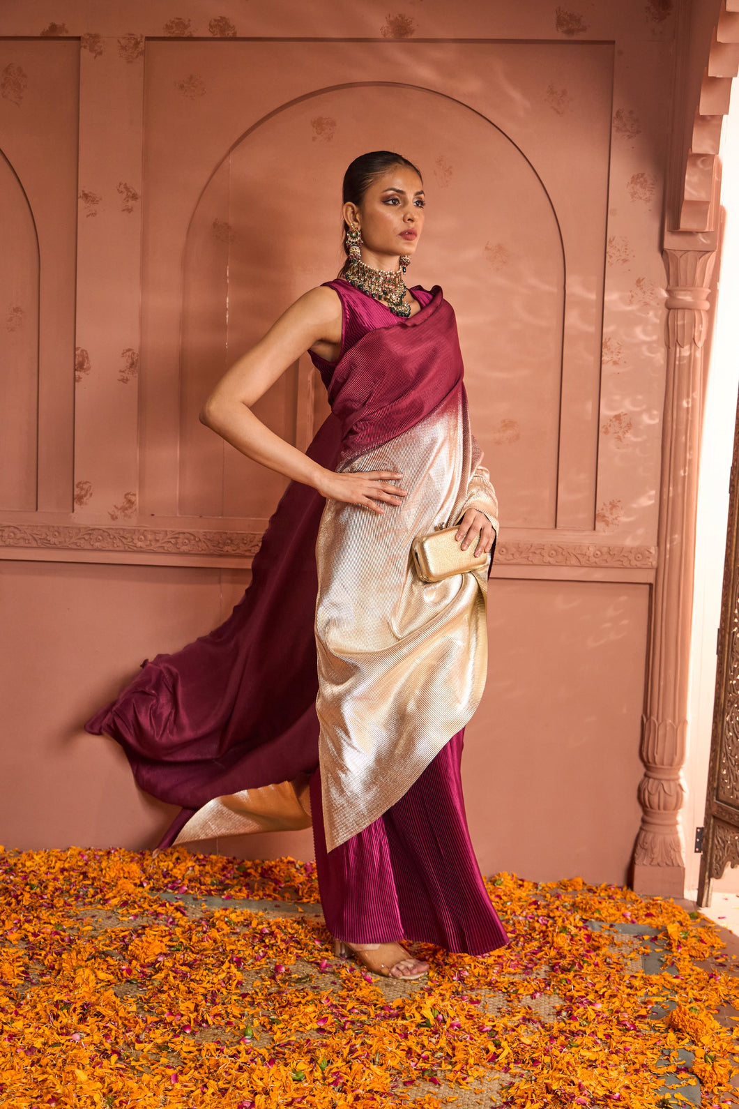 Idylic Adorned Gown Saree With Umbrous Palla - Wine