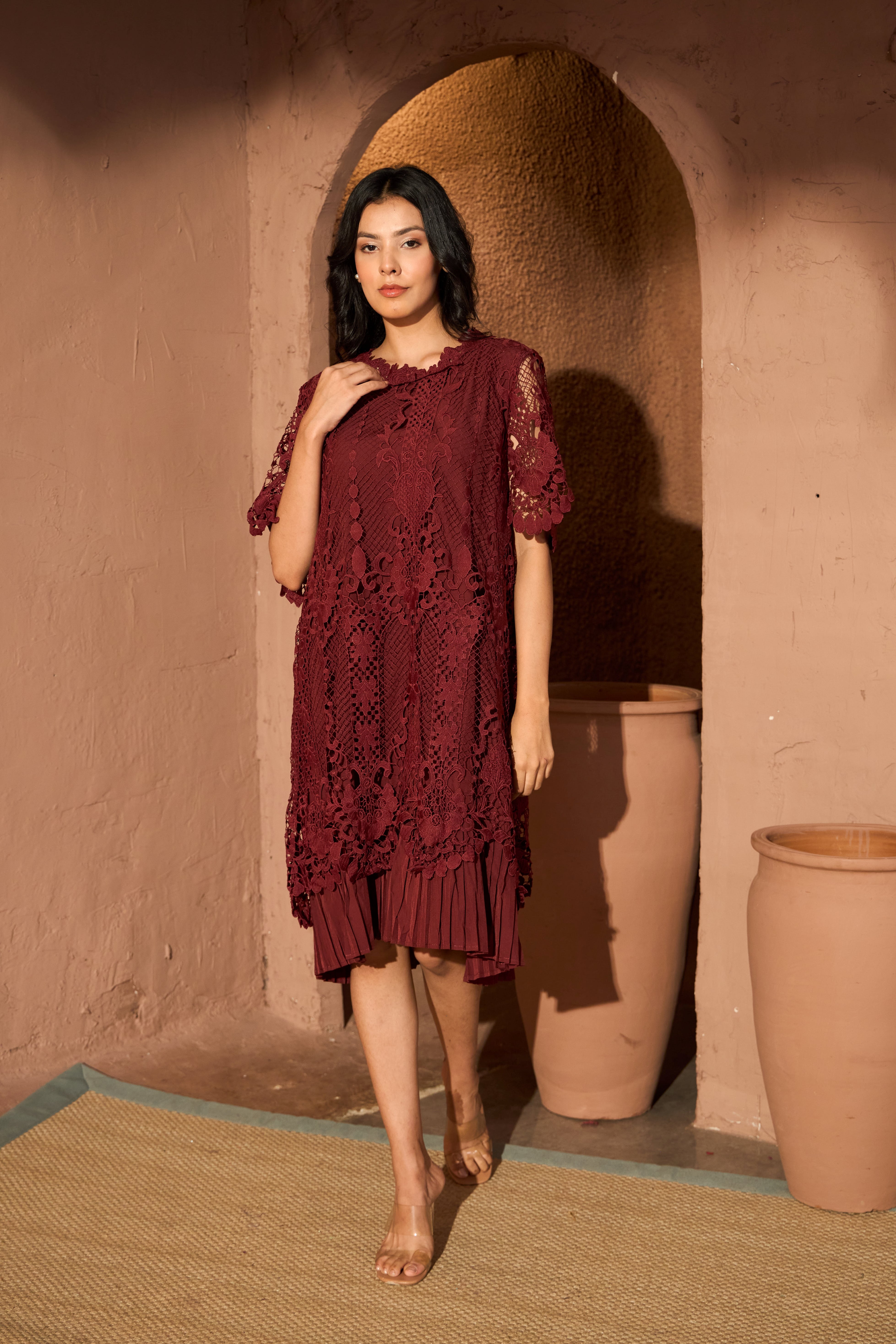 Myra Mesh Chantilily Dress - Red