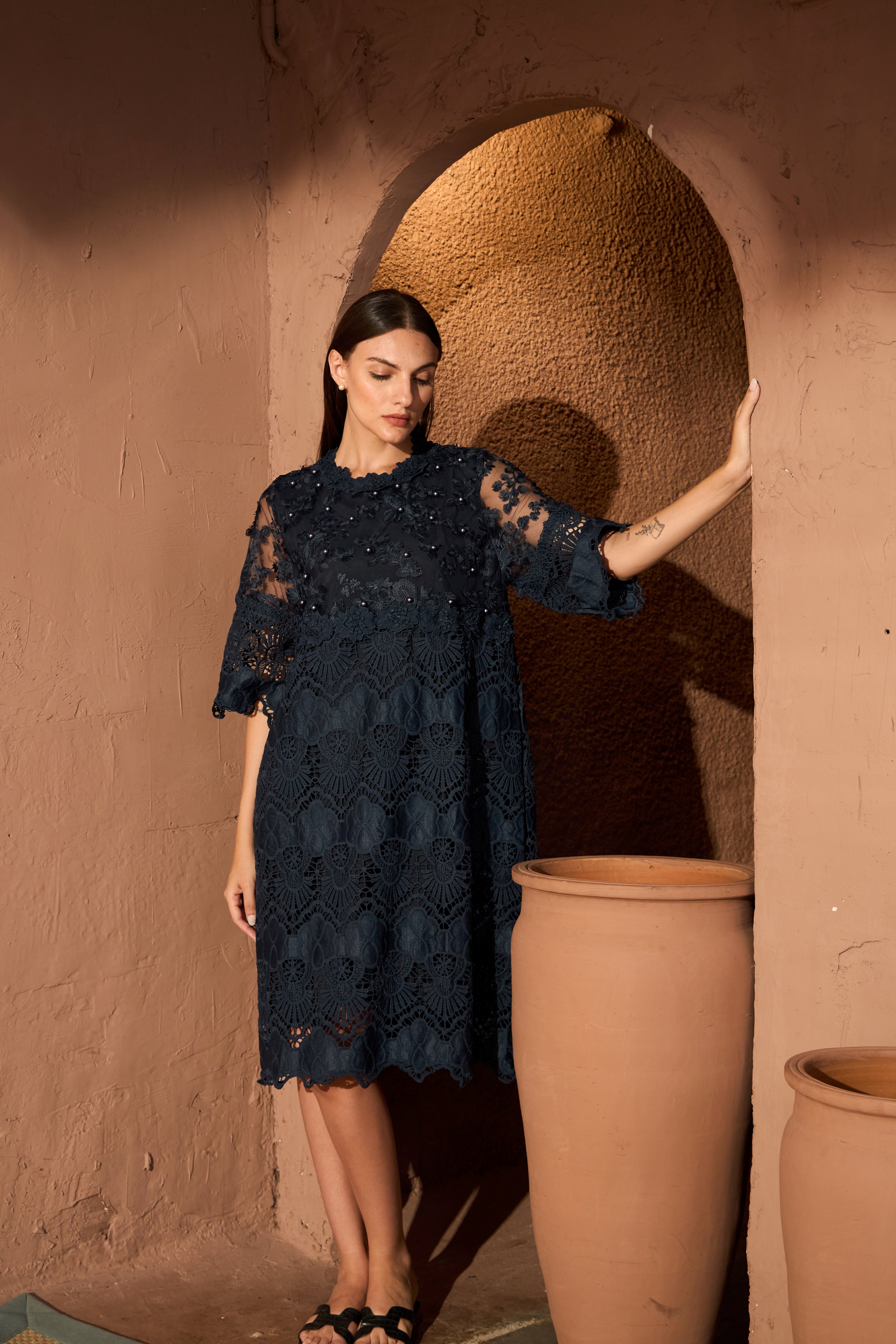 Myra Mesh Cassia Pearl Dress - Midnight blue