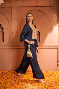 Kiri Patch Work Kurta Top With Flared Pant - Blue