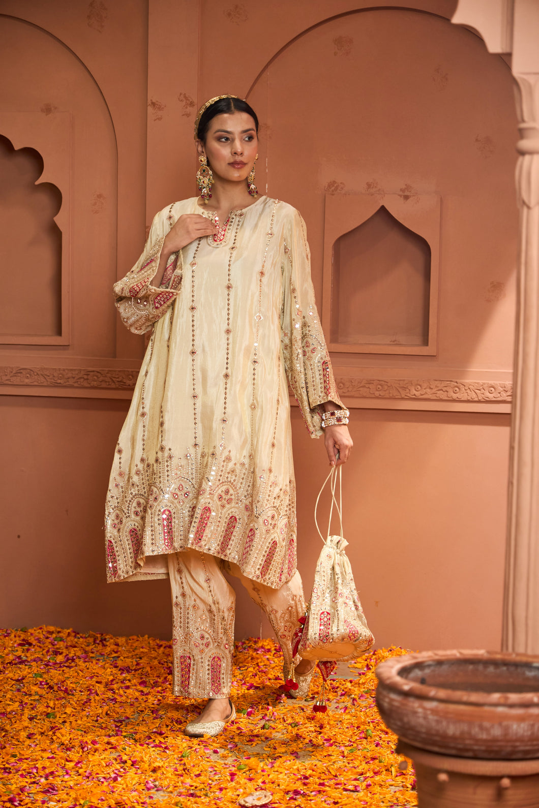 Tissue 3 Piece Kurta Set - Ivory