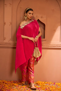 Divine Embroidered Cape Set With Banarasi Flared Pant - Fuschia