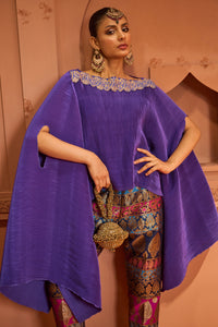 Divine Embroidered Cape Set With Colorful Brocade Pant - Hibiscus