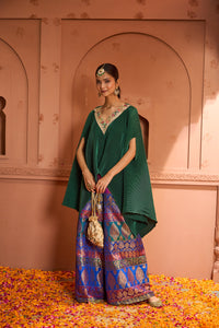 Divine V-Neck Embroidered Cape Set With Colorful Brocade Pant - Green