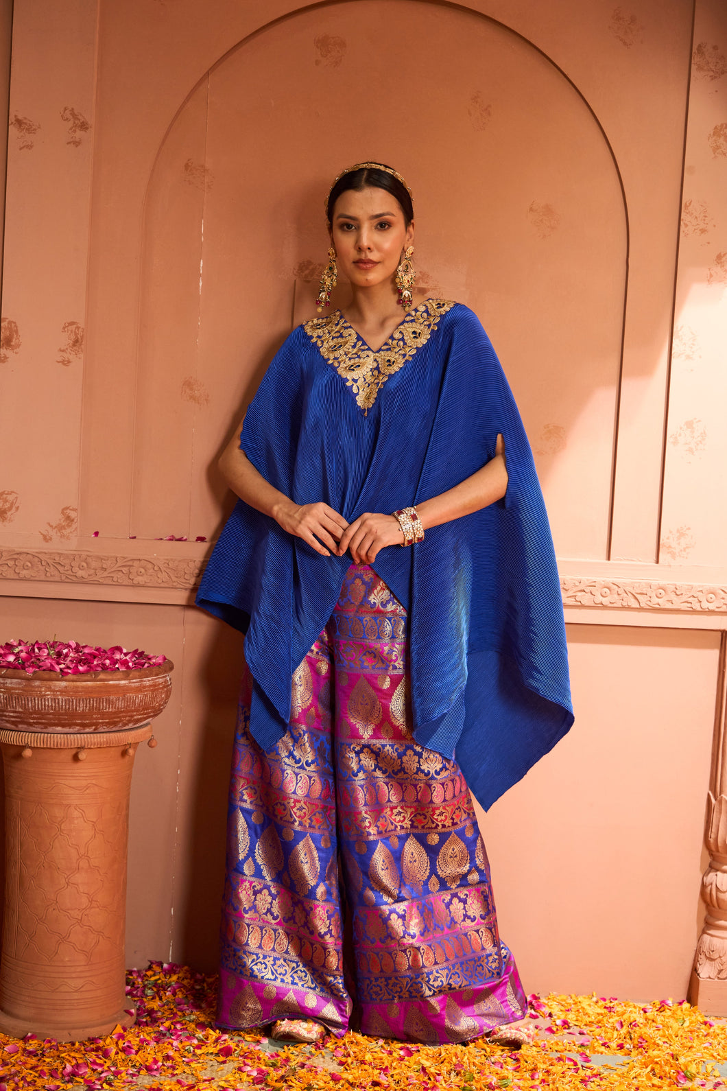 Divine V-Neck Embroidered Cape Set With Colorful Brocade Pant - Blue