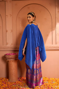 Divine V-Neck Embroidered Cape Set With Colorful Brocade Pant - Blue