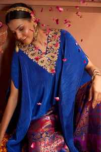 Divine V-Neck Embroidered Cape Set With Colorful Brocade Pant - Blue