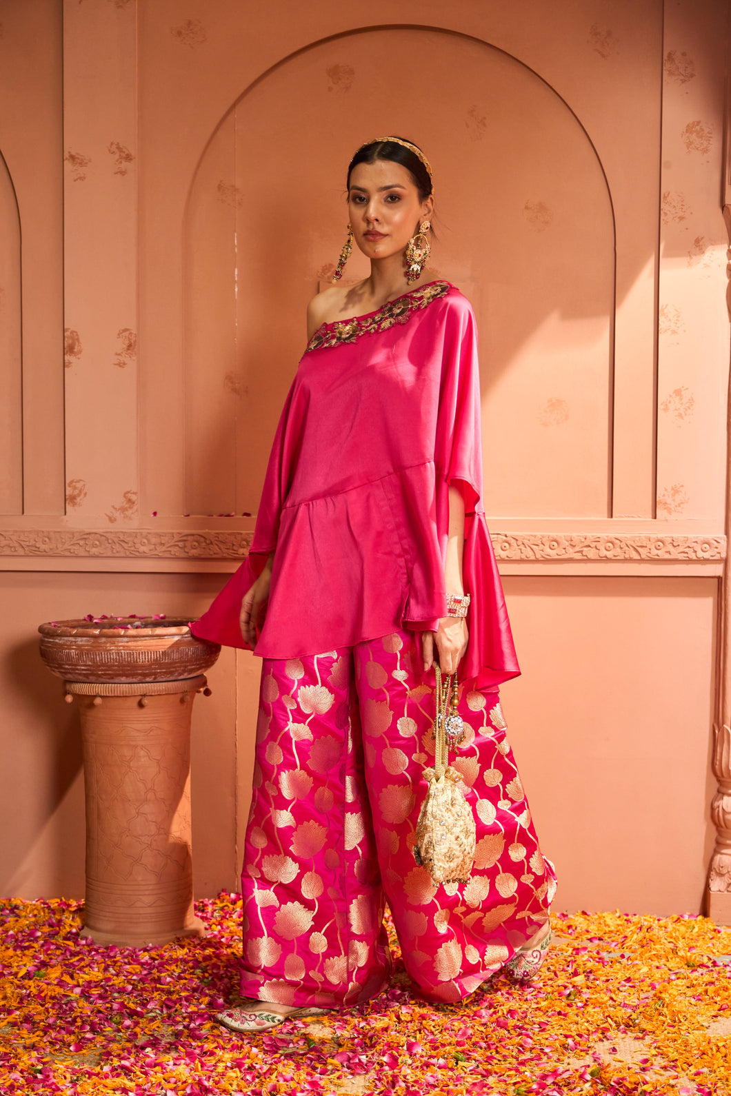 Kiri Embroidered Kaftan With Colorful Banarasi Lotus Flared Pant - Fuschia