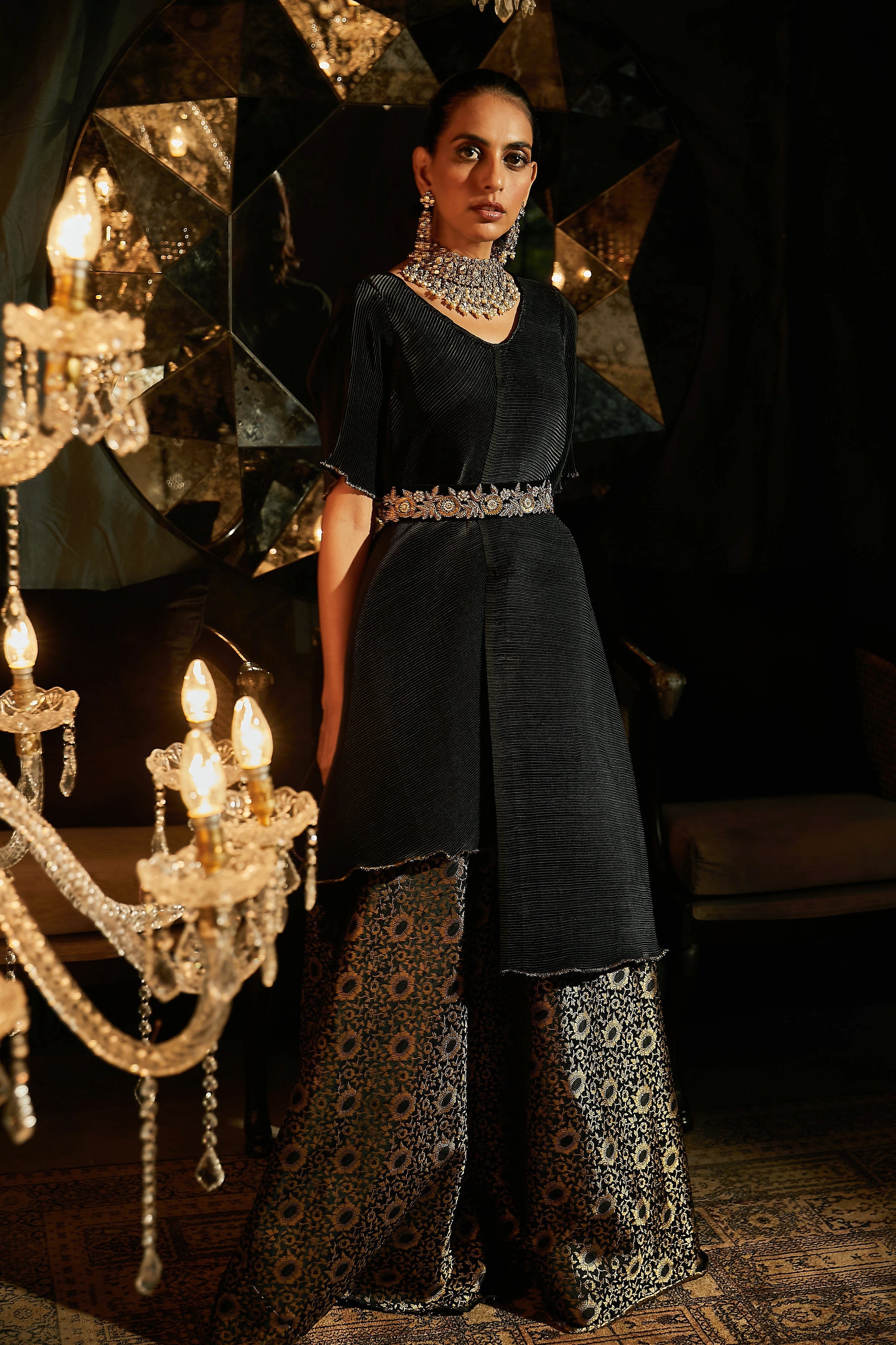 Nora Asymmetrical Top with Brocade Ghagra and Velvet Zardozi Belt - Jade Black