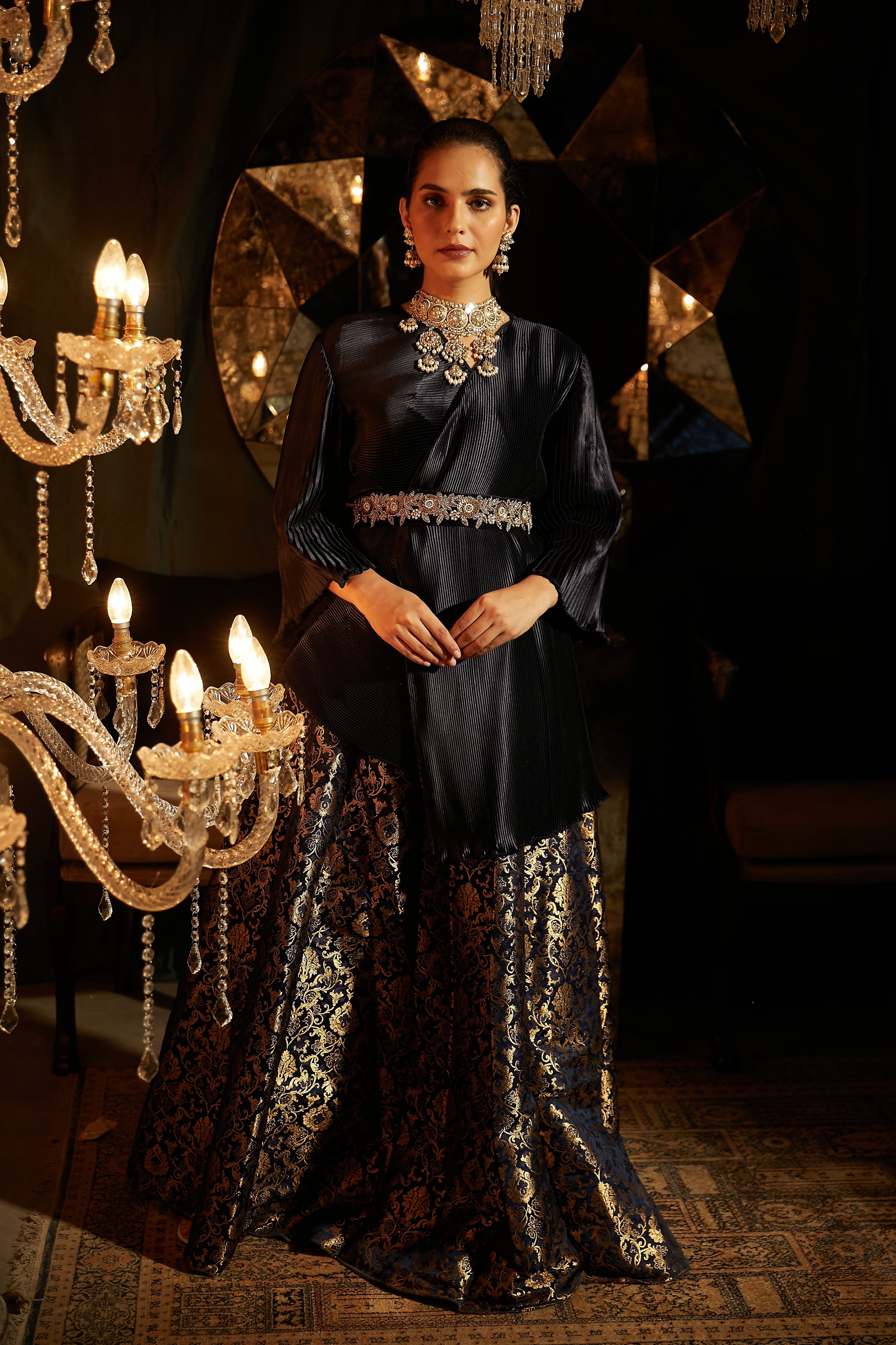 Nora Asymmetrical Top with Brocade Ghagra and Velvet Zardozi Belt - Midnight Blue