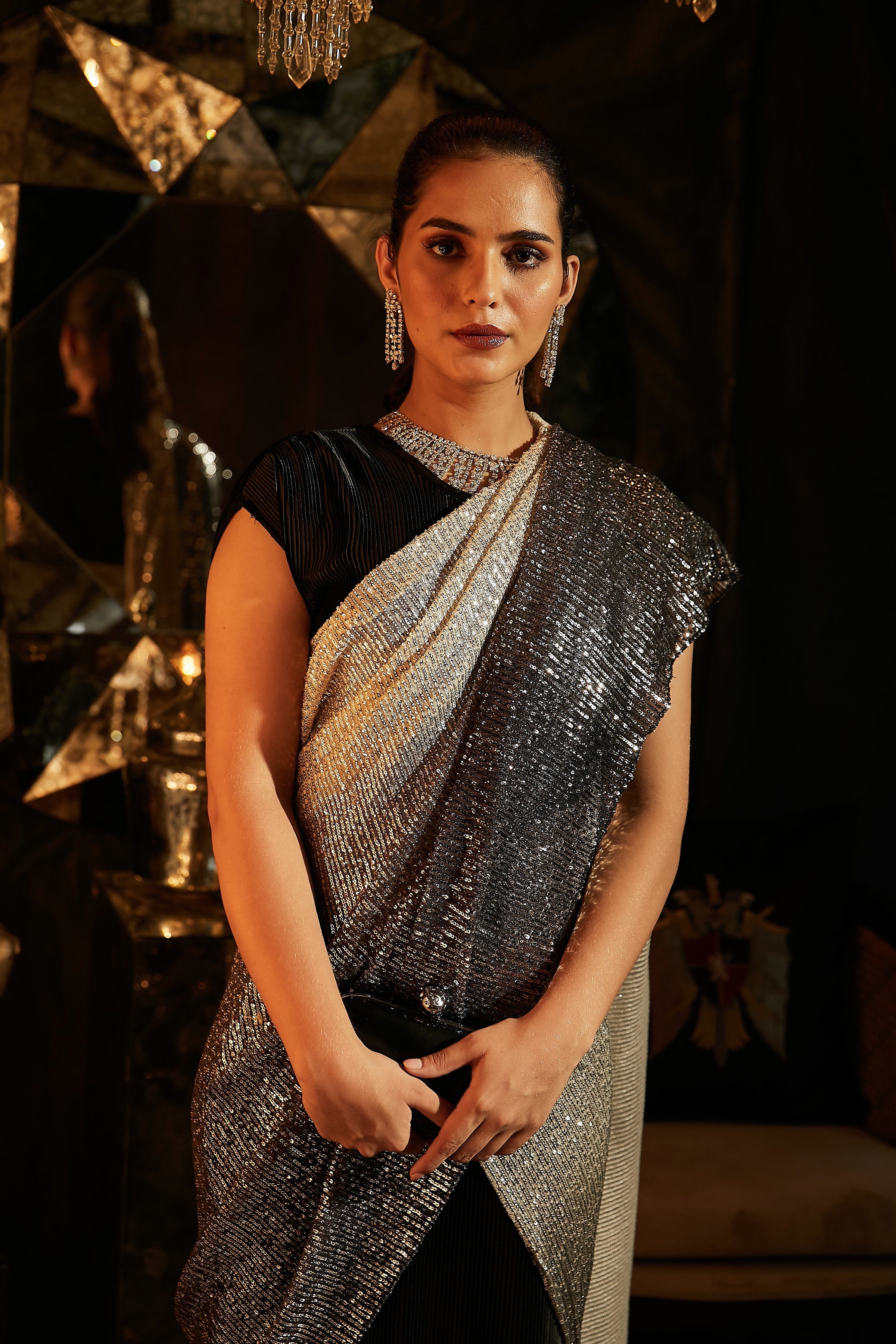 Bedazzling Handcrafted Ombre Sequence Classy Gown Saree Black