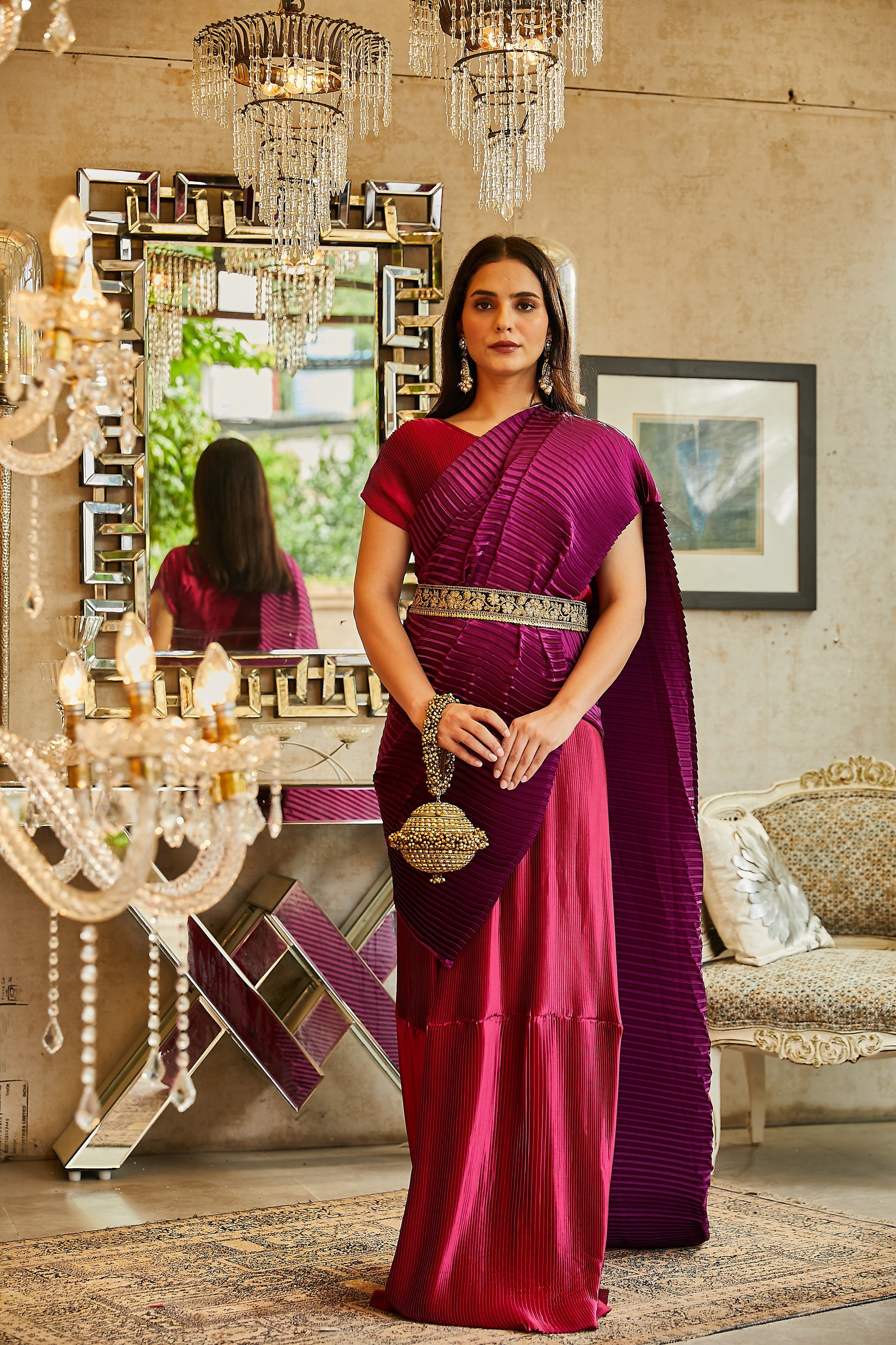 Classy Pleated Colourblock Gown Saree with Gold Cutwork Belt - Magenta &amp; Purple