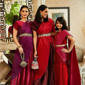 Classy Pleated Colourblock Gown Saree - Chilli Red & Magenta