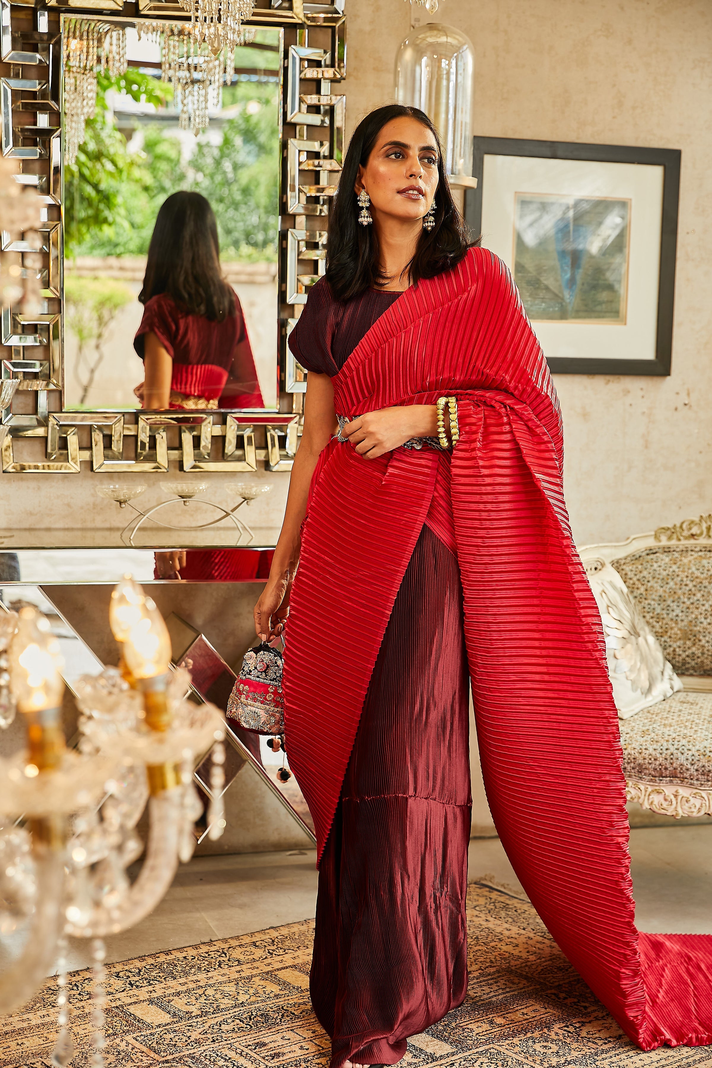 Classy Pleated Colourblock Gown Saree with Gold Cutwork Belt - Wine &amp; Chilli Red