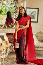 Load image into Gallery viewer, Classy Pleated Colourblock Gown Saree with Gold Cutwork Belt - Wine &amp; Chilli Red