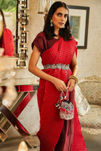 Load image into Gallery viewer, Classy Pleated Colourblock Gown Saree with Gold Cutwork Belt - Wine &amp; Chilli Red