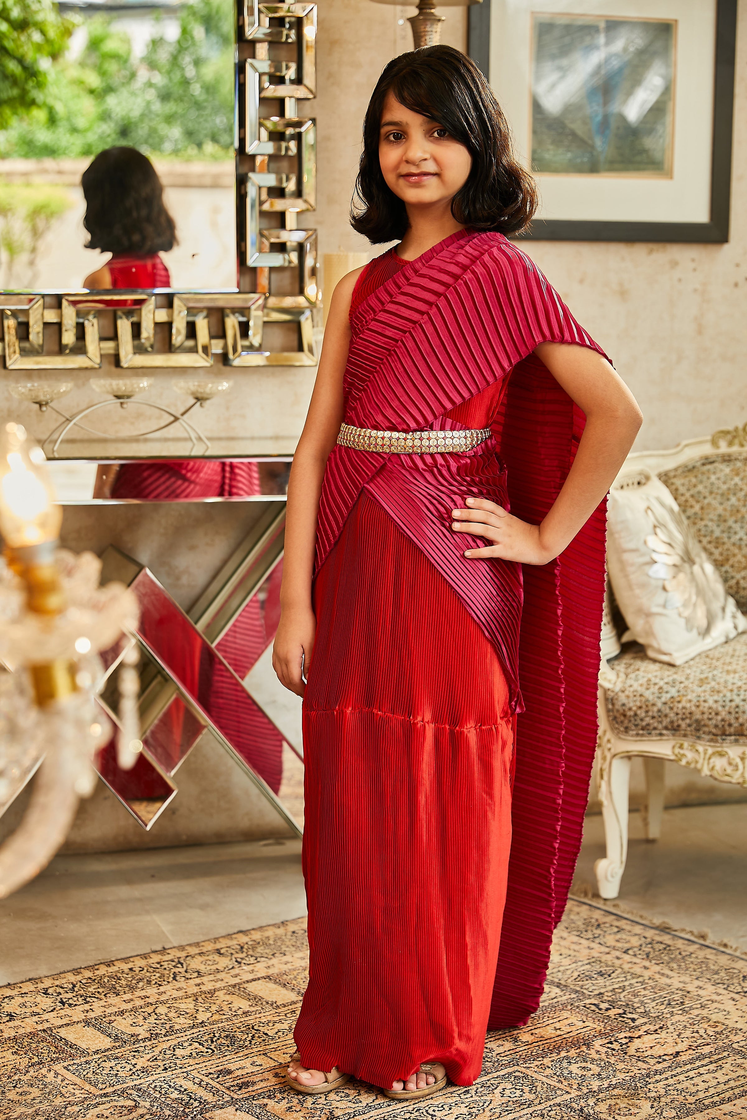 Classy Pleated Colourblock Gown Saree - Chilli Red &amp; Magenta