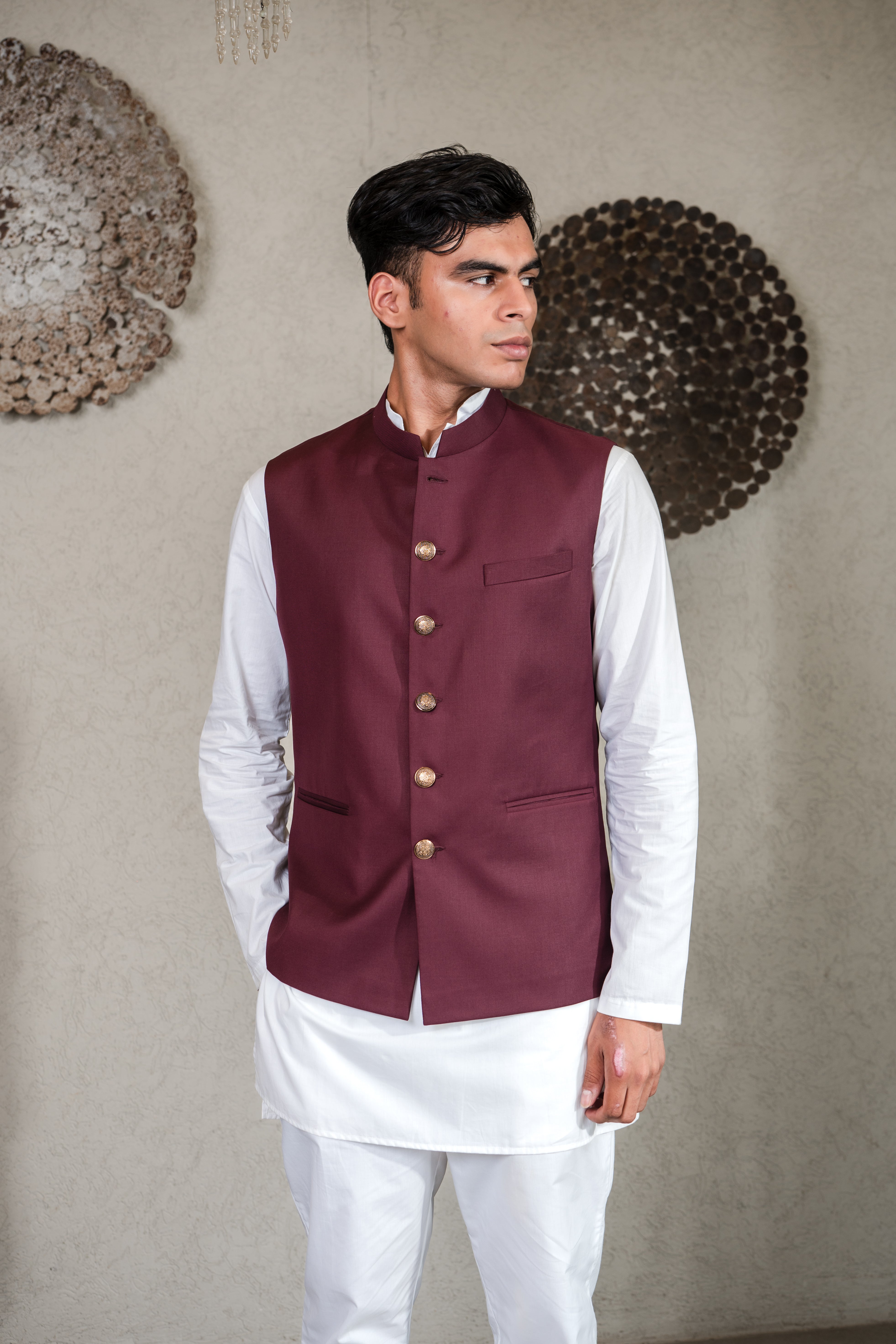 WHITE KURTA WITH NEHRU JACKET MAROON