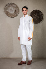 Load image into Gallery viewer, WHITE KURTA SET WITH PLEATED STRIPE