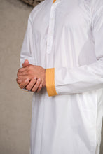 Load image into Gallery viewer, WHITE KURTA SET WITH YELLOW GARA GLAZED JACKET