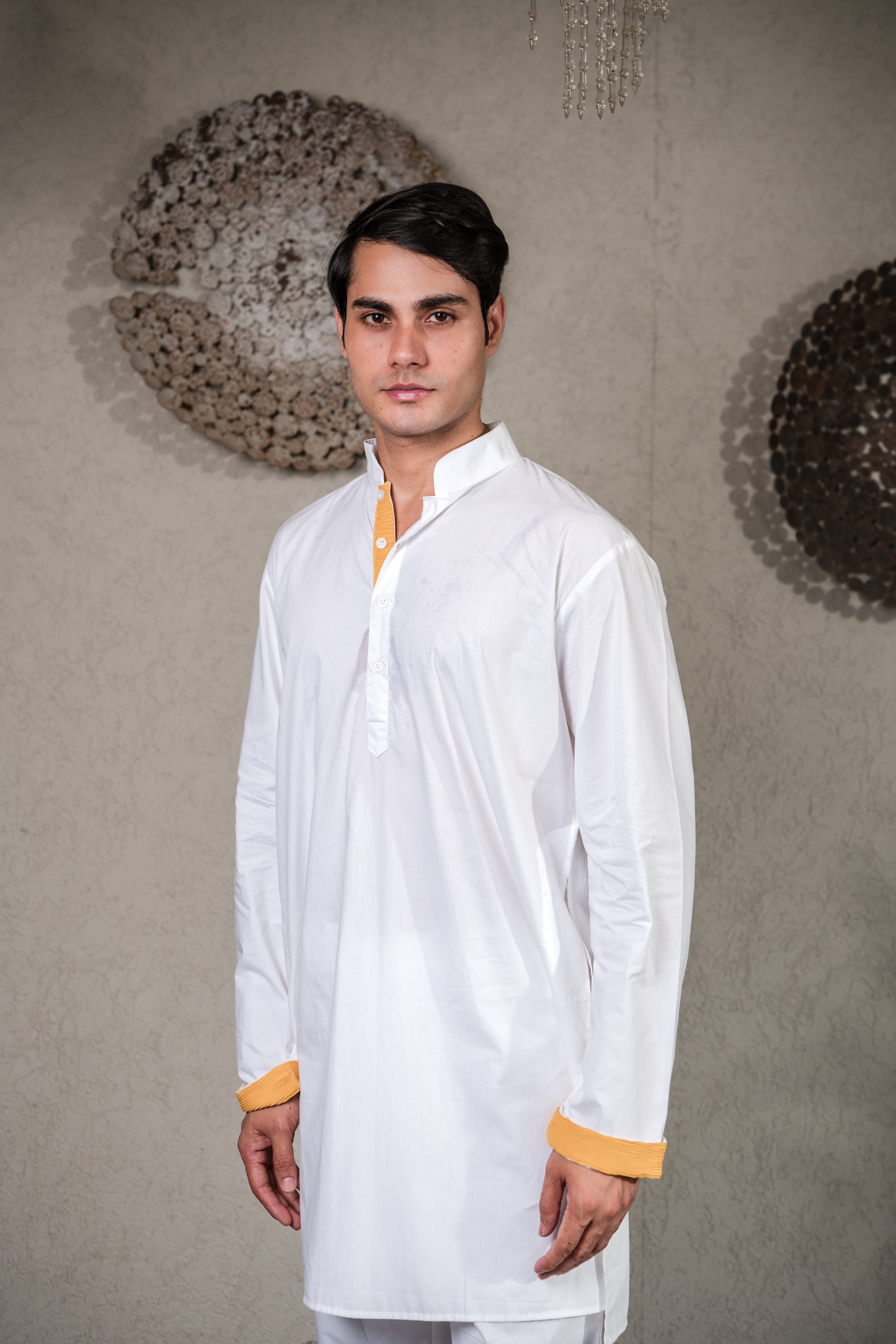 WHITE KURTA SET WITH YELLOW GARA GLAZED JACKET