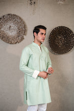 Load image into Gallery viewer, GREEN KURTA WITH PLEATED STRIPE - WHITE