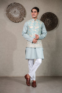 BLUE KURTA SET WITH AQUA BLUE GARA GLAZED JACKET